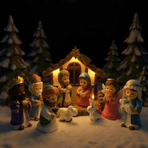 Nativity Set with LED Lights - 12 Pieces Nativity Story Set with Little Figures - Christian Nativity Scene for Boys and Girls - Indoor Christmas Decorations