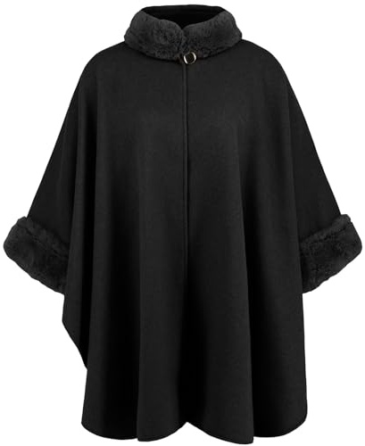 Uqezagpa Cappotto invernale da donna, con cappuccio, stile poncho, con bordo in pelliccia, aperto sul davanti, maglione oversize, scialle avvolgente, giacca da esterno alla moda, Nero , Taglia unica