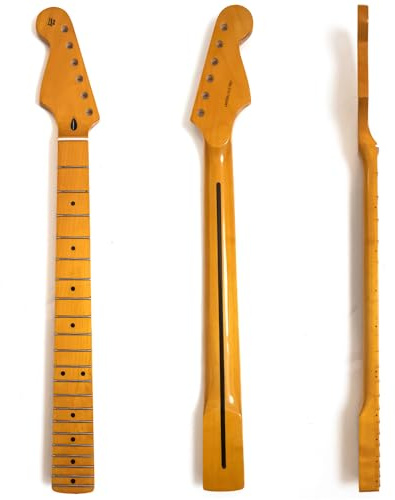 Premium lönn gitarrhals – kompatibel med Fender ST vänsterhänt stil, justerbar huvudstångsstång, 21 medium jumbo band, 35,5 cm radie, glansig gul greppbräda i lönn