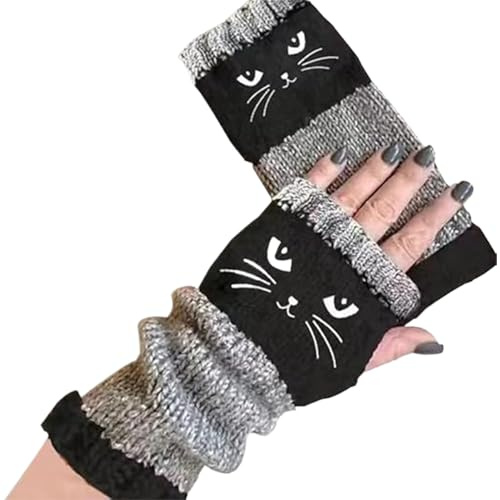 Stickade Fingerlösa Handskar För Kvinnor Kattbroderi Värme Tillbehör