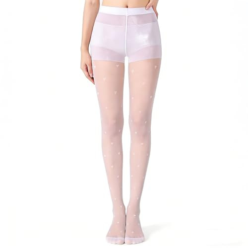 lokxmve Medias de corazón para mujer, medias blancas/negras, medias elásticas con estampado de corazones, medias de malla finas, medias de corazón, medias finas, pantimedias transparentes con