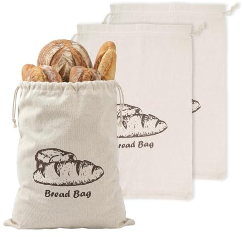 3 Piezas Bolsas de Lino para Pan reutilizables de 45 x 30 cm, Bolsas De Pan Con Cordón, Bolsa para El Pan Para Almacenar Pan,Frutas Y Verduras, Fácil Limpieza