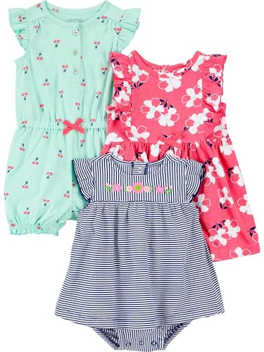 Simple Joys by Carter's Baby 3-pack Romper, Sunsuit and Dress, mint cherries/navy stripe/pink floral, 0-3 Months