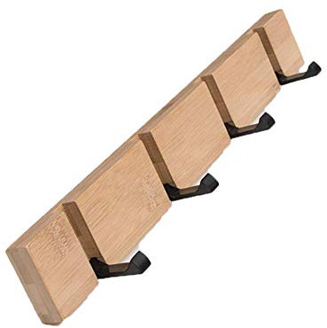 YunNasi Hakenleiste Holz Kleiderhaken Klappbar Garderobenleiste Wand Garderobenhaken mit 5 Faltbar Haken für Jacken Mäntel Schals Hüten Handtaschen (Natur, 4 Haken)
