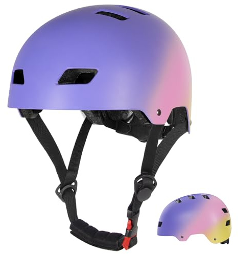 LANOVAGEAR Skaterhelm Fahrradhelm Kinderhelm Radhelm Sporthelm für Erwachsene, Jugendliche, Kinder für Fahrrad Skateboard Scooter (Lila-Rosa-Gelb, S)