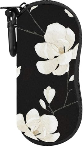 MoKo Étui Souple pour Lunettes de Soleil,Étui Ultra Léger de Rangement en Néoprène avec Fermeture à Glissière et Clip de Ceinture pour Lunettes,Cadres,Crayon,Cartes, Noir + Magnolia Blanche