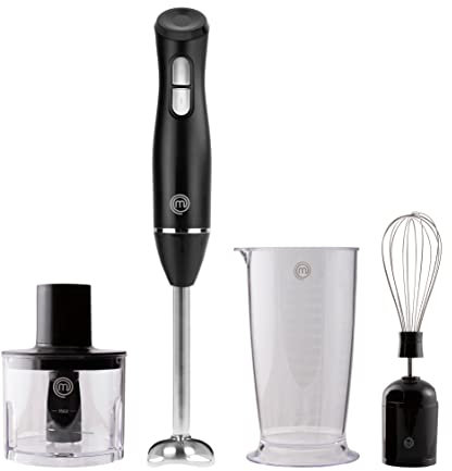 MasterChef Frullatore Tritatutto Multifunzione, 3 in 1 Minipimer Immersione con Frusta e Bicchiere 600ml, per Smoothie, Zuppa, Passata e altro, Acciaio Inox e Plastica, Nera, 200W