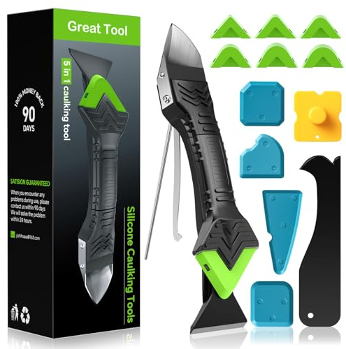 Caulking Tool 5 in 1 Silicone Caulking Grout Removal Sealant Finishing Tool with Grout Scraper, 6 Exchange Silicone Pads, Adhesive Residue Scraper Seam Repair Kit for Kitchen Bathroom