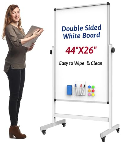 UIFER Rolling Whiteboard, 44 x 26 Double Sided Magnetic Dry Erase Board Height Adjustable Whiteboard on Wheels with Sturdy Aluminum Frame for Home Office Classroom