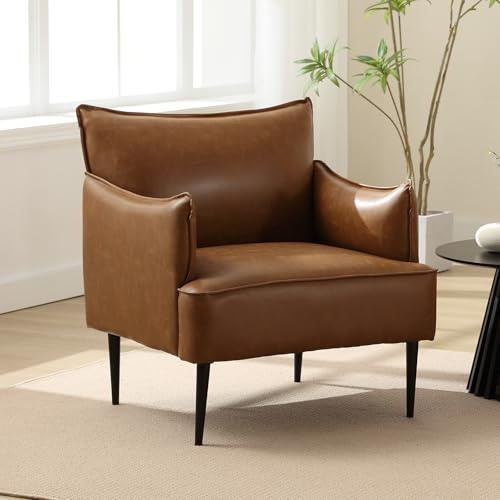 chairus Upholstered Armchair PU Leather Tub Chair for Living Room Modern Single Sofa for Bedroom Accent Chair with Metal Legs (Brown-1)
