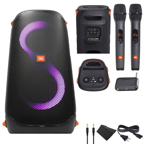 JBL PartyBox 110-160W Portable Wireless Speaker - Powerful Sound and deep bass (JBLPARTYBOX110AM) + Wireless Two Microphone System with Receiver + AUX Cable + Microfiber Cloth
