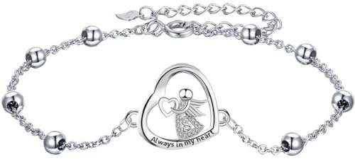 J.MUEN Bracelet Ange gardien Bijoux Cadeaux Argent Sterling 925 Pendentif Coeur Mignon Bijoux pour Cadeaux d'Anniversaire pour Mère Femmes Filles Sœurs (17+4 cm)