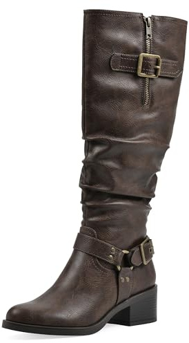 WHITE MOUNTAIN Women's Cushion Block Heeled Tall Shaft Western Riding Boot, Mocha/Smooth, 6 M