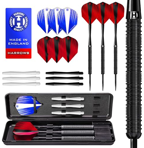 Harrows Caliber 90% Juego de Dardos con Punta de Acero de tungsteno I 21 g a 30 g I Paquete Enorme de 16 Piezas con Ejes de Repuesto, Plumas Prime y Estuche de Viaje (24g)