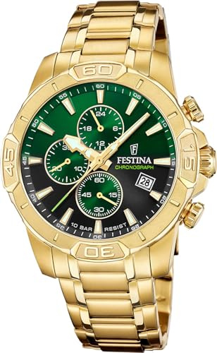 Festina Reloj Hombre Analógico de Acero Inoxidable 316l Dorado - Movimiento de Cuarzo - Cronógrafo - Calendario - Cristal Mineral Resistente - Resistente al Agua 10 ATM F20705/6 Timeless Chronograph