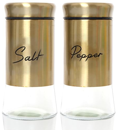 Jorzer Saliera e pepiera in vetro, set da 150 ml, con coperchio in acciaio inox, ricaricabile, accessori per spezie, colore: oro