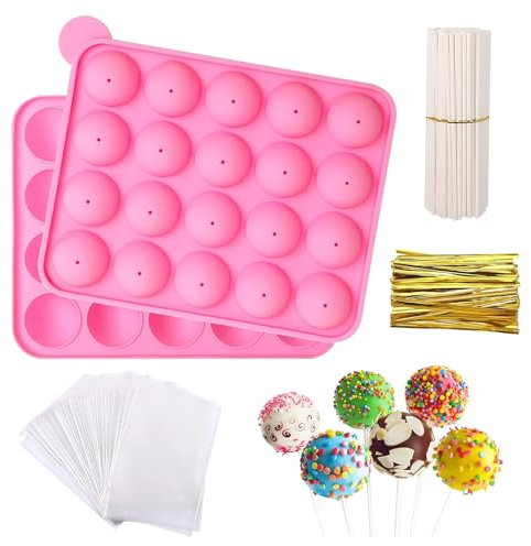 GEOKILO Kit di 304 stampi per cake pop, in silicone, senza BPA, con espositore a 15 fori, penna decorativa e misurino, per realizzare cioccolatini, lecca-lecca, caramelle, cupcake, utensili da forno