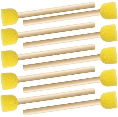 BEIQIYA 10pcs Round Sponges Brush Set, Wooden Handle Sponges Paintbrushes, Sponge Painting Staining Tool for Wallpaper Windows Clay Models DIY Arts Crafts Projects-Yellow