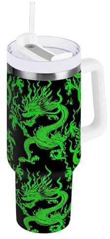 RPLIFE Green Dragon Black Coffee Tumbler with Handle Stainless Steel Tumbler Tea Mug with Lid