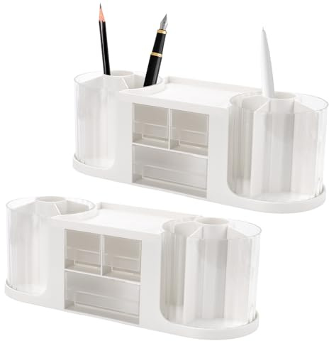 SINJEUN 2 stycken dubbla roterande skrivbordsförvaring, 36,5 x 12,6 x 13 cm vit pennhållare förvaringslåda med pennhållare, dubbelskikt transparent pennorganisatör för förvaringslåda