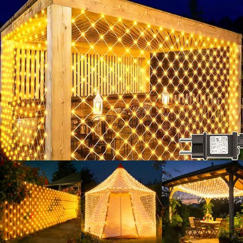 Cozymeow 2 Piezas Red de Navidad Exterior 3x2m 200 LED Cortina con Enchufe, Temporizador, 8 Modos IP44 Impermeable Malla para Balcón Jardín Árbol Navidad Exterior Interior - Blanco Cálido