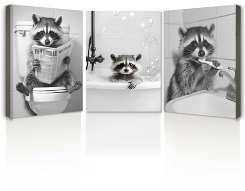 3er Set Leinwand Bilder mit Rahmen – Lustige Waschbär Badezimmer Bilder, WC Deko Poster & Kunstdruck auf Leinwand, Wandbilder für Gäste WC, Toilette oder Bad, mit Haken & spurlosen Nägeln, je 30x40 cm