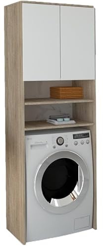 GERMAN Waschmaschinenschrank Weiß mit Korpus Eiche Sonoma – Überbauschrank für Waschmaschine & Trockner – Badschrank mit Regalen & 2 Türen – Badezimmermöbel 64x180x30 cm