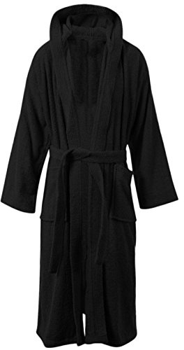 Unisex 100% Egyptian Cotton Luxury Towelling Bathrobe – Super Soft Hooded Dressing Gown with Belt & Pockets, Terry Towel Housecoat Nightwear Loungewear Robe Hood Black One Size