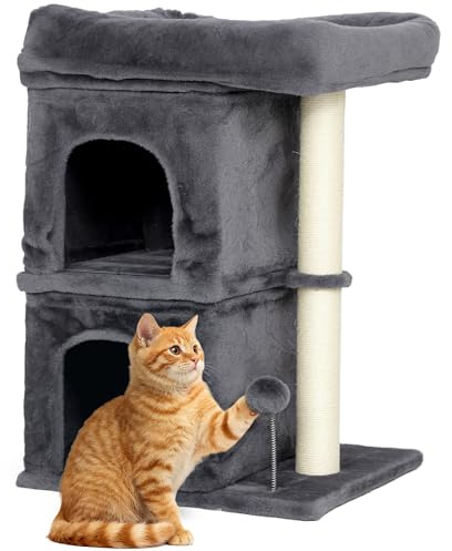 PawHut Torre per Gatti con Lettino Superiore e 2 Casette, Albero Tiragraffi per Gattini e Gatti Fino a 7 kg, Palo Sisal e Pallina, Peluche, Grigio Scuro