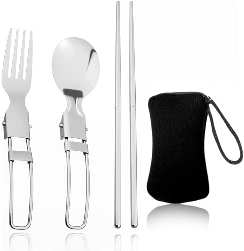 3-delat set med hopfällbara bestick i rostfritt stål – spork, sked to go, bärbara utomhusbestick med sked, gaffel, pinnar och väska för camping, vandring och picknick