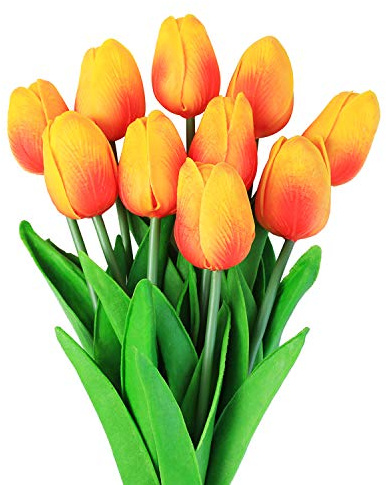 Veryhome Artificial Tulips Fake Tulip Flower Latex Material Real Touch Bouquets for Wedding Room Home Hotel Party Decoration and DIY Decor (Sunset Red-10PCS)