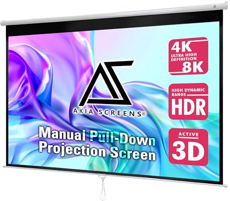 Akia Screens 110 Inch Manual Pull Down Projector Screen, 16:9 Retractable Projection Screen, 4K 8K HD Ready, Wall or Ceiling Mount, Auto-Locking Indoor Home Theater Screen, White Case (AK-M110H1)