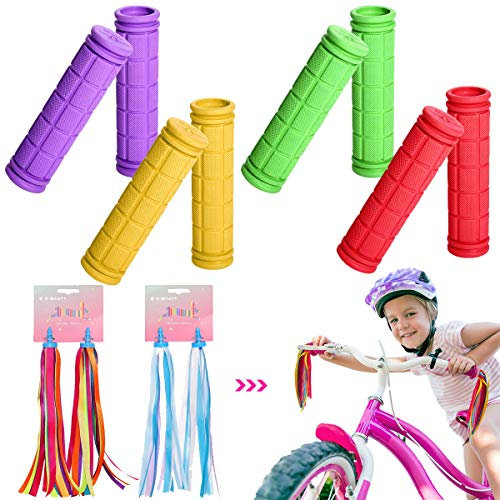 YWQ 4 Paar Fahrradgriffe, rutschfeste Kunststoff Kinder Roller Lenker,Abdeckung Gummigriffe Fahrrad,Kinder-Fahrradgriffe, Bunte Gummi-Pilzgriffe mit Bändern, 4 Farben
