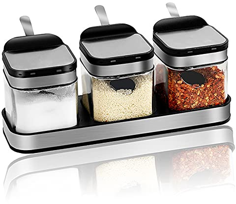 SvaTao Condiment Jar Spice Container with 304 Stainless Steel Lids and Spoons,Clear Glass Condiment Canisters Pots Seasoning Box Salt Container Sugar Bowl Set of 3 for Kitchen, Counter, Food Storage