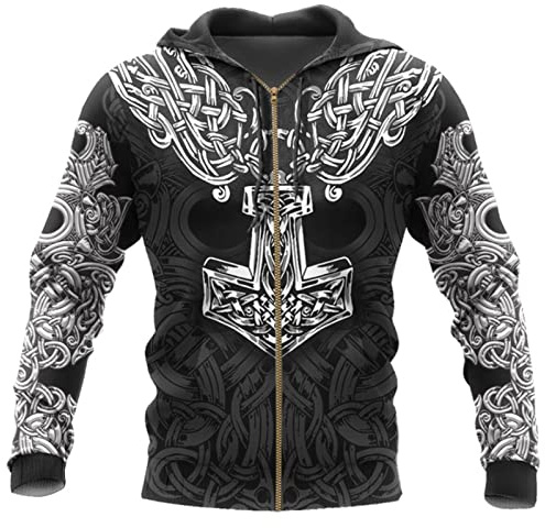 Sweat à Capuche zippé Viking pour Hommes mythologie Nordique Viking Tatouages Sweat imprimé Unisexe Pull zippé Veste Cardigan décontractée avec Poches