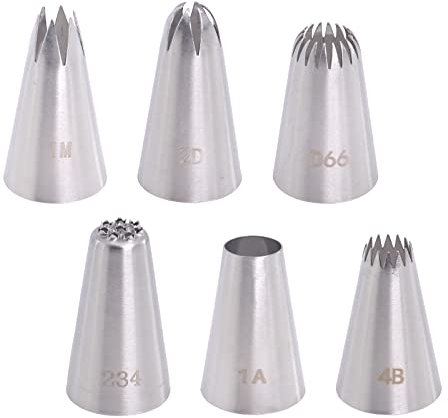 DBOO 6 Pieces Piping Tips Large Cake Decorating Tools Large Piping Tips Piping Nozzles Kit Stainless Steel Icing Piping Tips Set 1A 1M 2D 4B D66 234 for Cream Cupcake Cookie Baking DIY Decorating