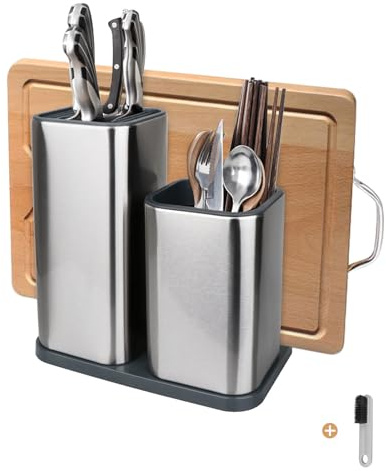 Yimerlen Universal Knife Block, Stainless Steel Universal Knife Holder Block Without Knives, Modern Kitchen Knife Storage Organizer for Countertop (with Cleaning Brush) (Stainless Steel/Silver)