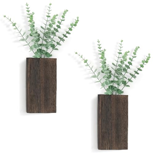 Dahey 2 Pack Wood Wall Planter Vase with Artificial Eucalyptus Farmhouse Wall Hanging Decor Pocket Planter for Indoor Fake Plants Greenery, Living Room Bedroom Kitchen Home Office Decoration