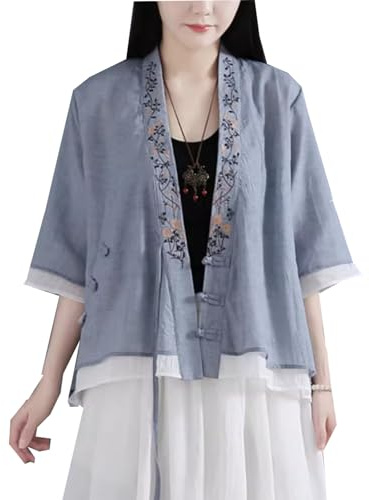 The Princess Bride Hanfu - Blusa casual de lino, manga 3/4, cuello en V, ropa tradicional china con botones de rana china, para verano, A13- Parent, azul, XL