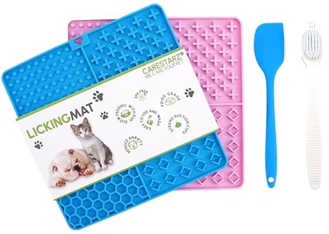 CARESTARZ 2Pcs Licky Mats for Dogs with Silicone Spatula and Brush - Slow Feeding Licking Mat, Anti-Slip, Food Grade Silicone for Boredom - Anxiety Relief, Ideal for Treats (Blue-Pink, 19.5x19.5 CM)