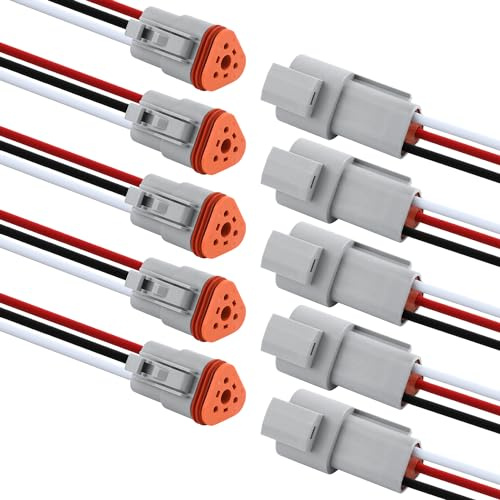 5 Set 3 Polig Kontakt, 3-vägs DT Vattentät Elektrisk Koppling för Fordon Hane och Hona Ledningsnät med 16 AWG Kabelkabel för Bil Lastbil Båt Motorcykel (Grå)