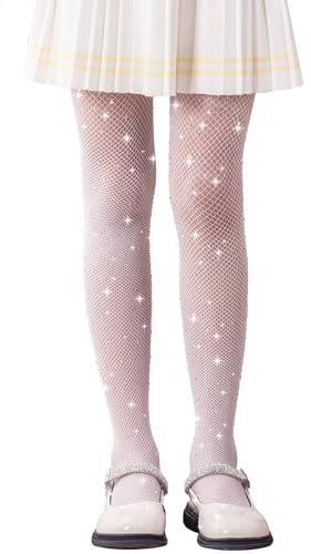 LOLANTA Confezione da 2 collant a rete per ragazze, collant con strass luccicanti per bambini, Calze a rete, Bianco scintillante, 4-8 anni, L