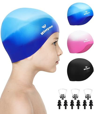 Winsyne 3 Stück Badekappe Kinder Jungen Mädchen, Unisex Schwimmkappe Silikon für Kleinkinder von 3–15 Jahren, wasserdichte Bademütze für Kurzes/Langes Haar um das Haar Trocken zu Halten-Mehrfarbig-01