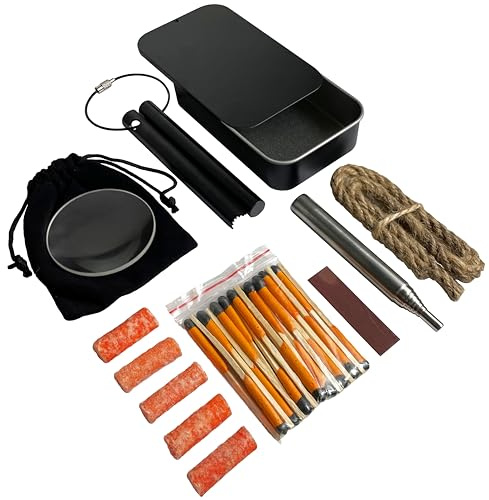 Ultimate Pocket Fire Lighting Kits | Ferro Rod Fire Steel | Stormproof Matches, Waterproof Tinders, 12x Magnifying Glass | All-Weather Pocket-Sized Bushcraft Survival Kits