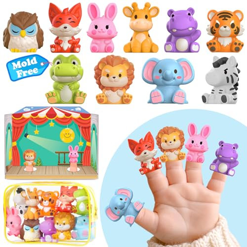 Oriate Safari Tiere Fingerpuppen für Kinder, Story Time Baby Tiere Puppen mit Spielbühne für Rollenspiele, Mold Free fingerpuppen Baby Badespielzeug mit Aufbewahrungsbeutel, 10-TLG 12m+