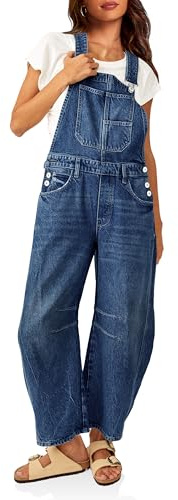 PLNOTME Womens Denim Bib Overalls Barrel Leg Adjustable Strap Jean Pants Jumpsuits with Pockets,Navy