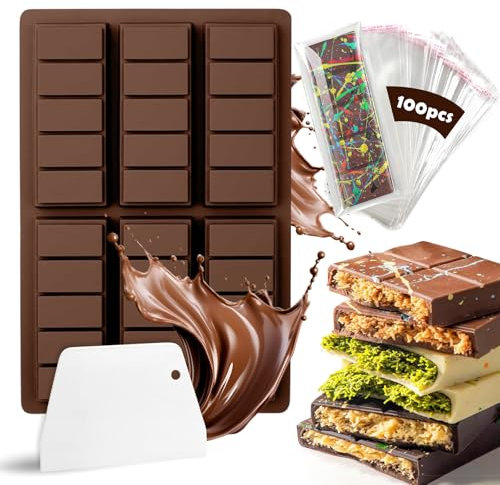 Schokoladenform Silikon Tief, 6 Tafeln Silikonform Schokolade, Silikonform Schokoladentafel mit Schaber und Tasche, Schokoladen Silikonform Frei Antihaftbeschichtung für Schokolade Praline Süßigkeiten