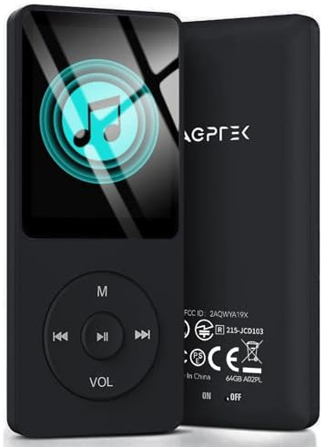 AGPTEK Lettore MP3 classico da 64 GB, durata ultra lunga fino a 70 ore, riproduzione musicale senza perdite, HiFi, piccolo lettore MP3 per bambini/adulti (nero)
