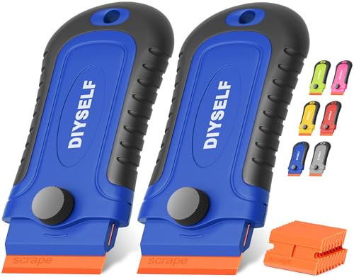 DIYSELF 2 Pcs Plastic Razor Blade Scraper with 10 Pcs Blades, Plastic Scraper Tool for Adhesive Remover, Scrapers for Cleaning Stickers, Decals, Glass, Windows, Car, No Scratches (Blue)