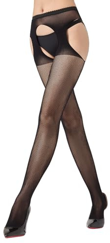 Yialnmy Suspender Fishnet Tights, Black Fishnet Stockings for Women High Waist Suspender Pantyhose